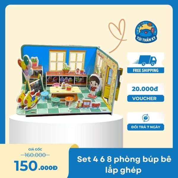 Set 4 6 8 mô hình phòng búp bê lắp ghép bìa xốp cho bé thoả sức sáng tạo